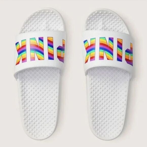 🔥PINK Victoria's Secret White Slide Sandals with Rainbow Logo Sz small 5/6 - Picture 1 of 3